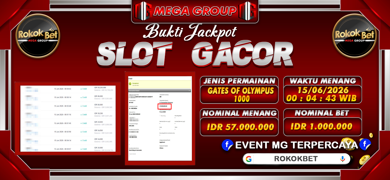 Bukti JP situs Rokokbet hari Senin, 15 Juni 2026